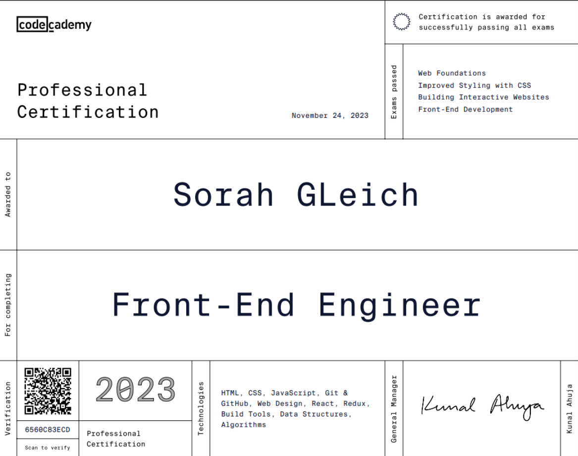 certificate of the completion of Codecademys Front-End Engineering program.