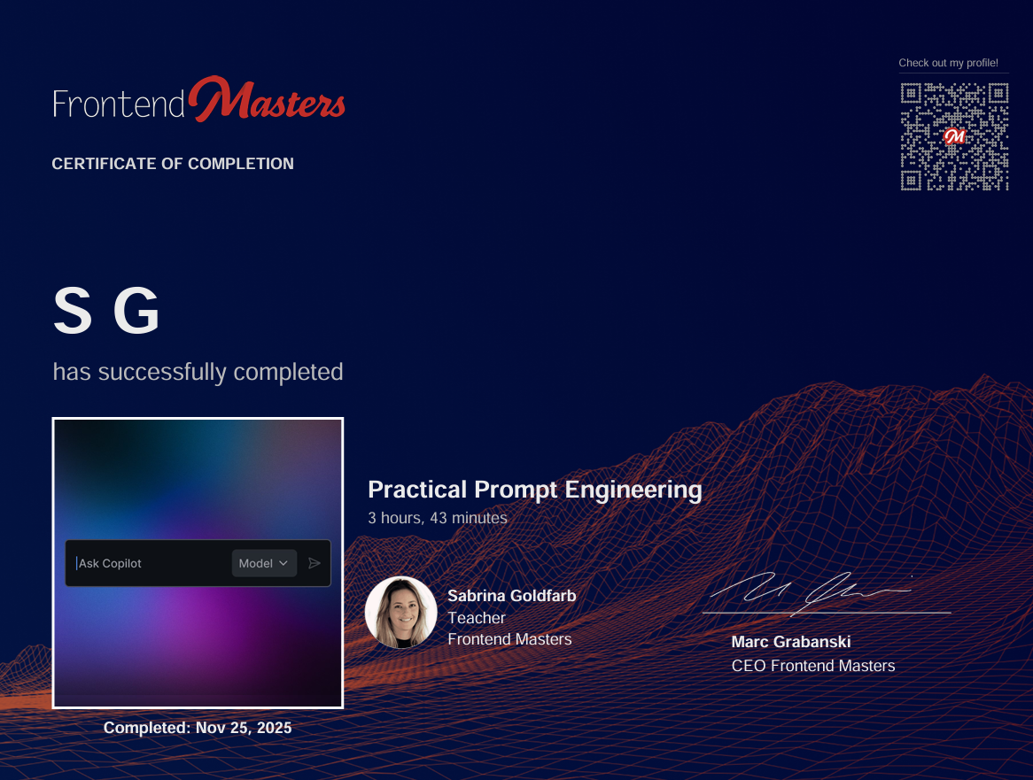 certificate of the completion of Prompt Engineering program.